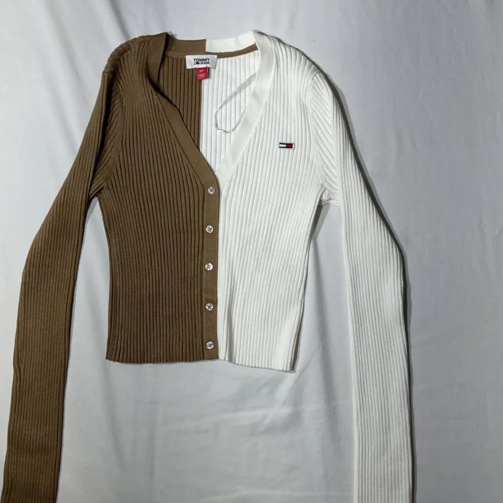 Tommy Jeans Two-Tone Ribbed Knit Button-Up  Size S Cardigan In White & Brown - Picture 2 of 10